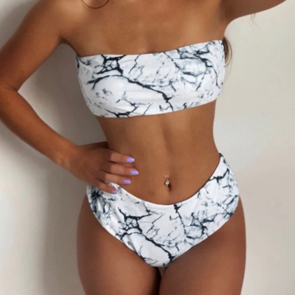 ZAFUL | Marble Print High Waisted Bandeau Bikini - Picture 1 of 7